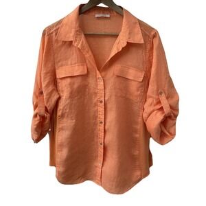 Calvin Klein Button Up Shirt Large Coral Orange Linen Blend Roll Tab Sleeve